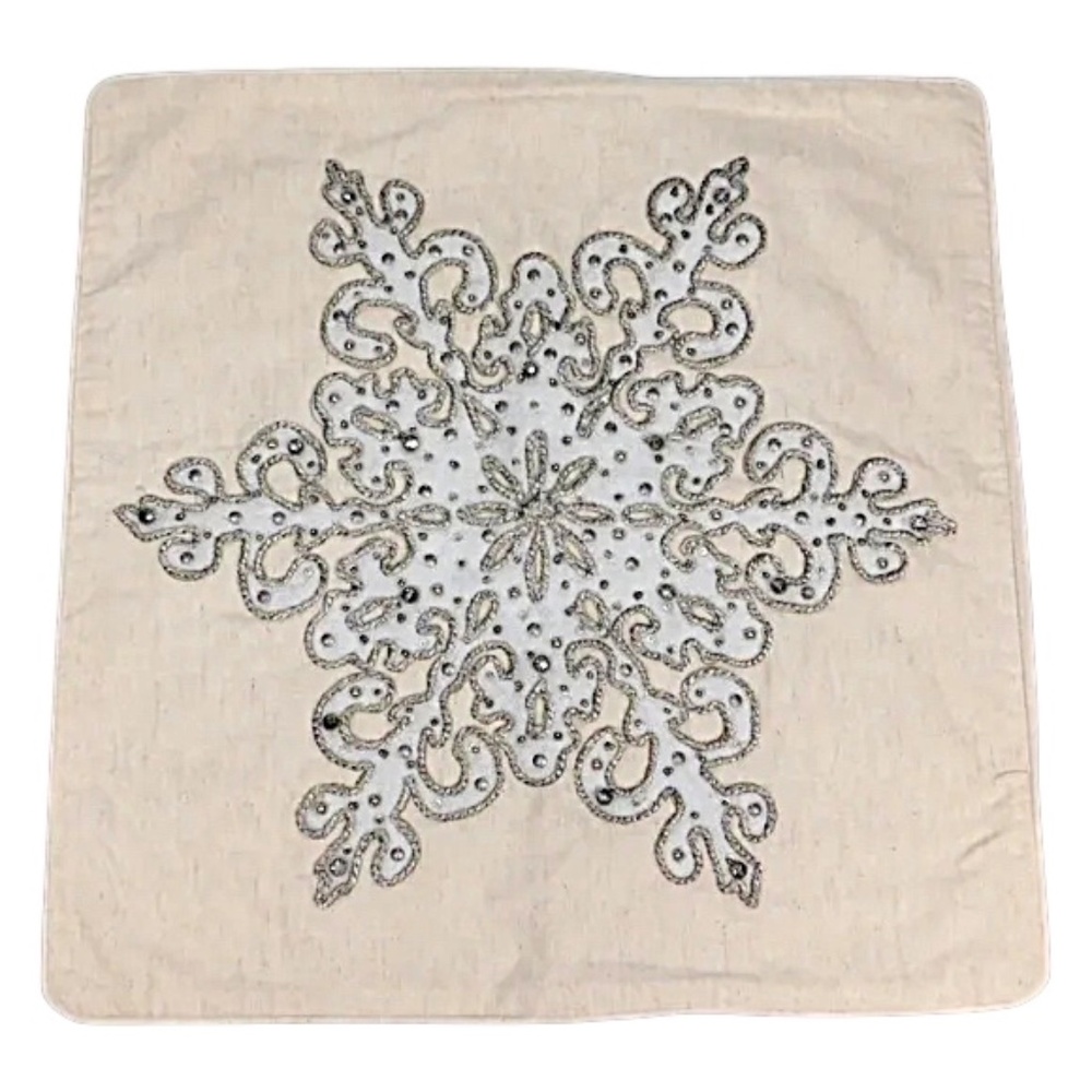 ✨ Ivory Beaded Snowflake Pillow Cover 20x20 – Holiday Winter‎ Decor